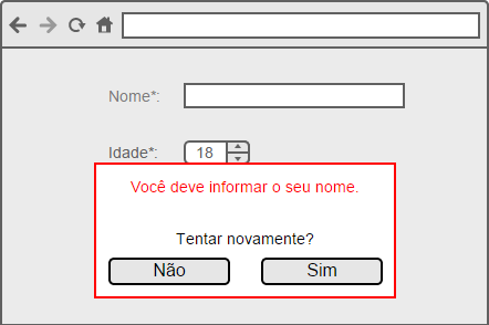 Ilustração de formulário com campos para nome, idade e um botão enviar. O formulário está em cores de tom cinza, indicando que está desabilitado. Sobre o formulário está a caixa de diálogo do alerta, com borda vermelha. Nela há uma mensagem de alerta que diz: Você deve informar o seu nome. Logo abaixo, ainda dentro da caixa há uma pergunta: Deseja tentar novamente? Em seguida há dois botões: sim e não.